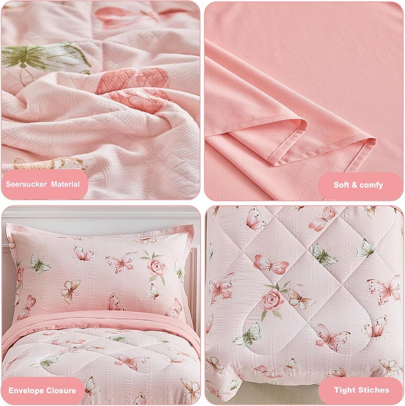 DuShow Pink Butterfly Toddler Bedding Set for Girls,4 Pieces Toddler Bed Set,Seersucker Toddler Comforter Set,Includes Comforter,Flat Sheet,Fitted Sheet and Pillowcase - Image 5